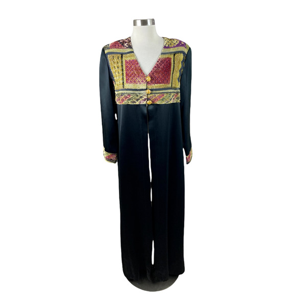 Vintage Zonda Nellis Canada S Black Velvet Burnout Trim 3 Button Long Duster